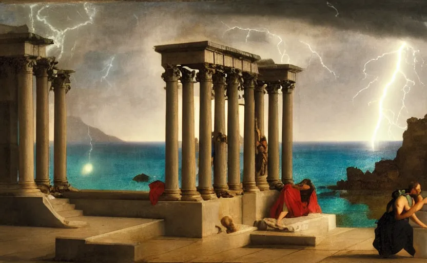 Image similar to mediterranean balustrade and columns, refracted lightnings on the ocean, thunderstorm, greek pool, beach and Tropical vegetation on the background major arcana sky and occult symbols, by paul delaroche, hyperrealistic 4k uhd, award-winning, very detailed paradise