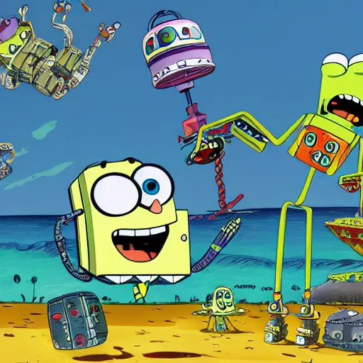 Prompt: bikini bottom being invaded by robots by stephen hillenburg, cartoon, award - winning, dramatic, dark, william osborne tucker iii, nickelodeon, detailed, 4 k