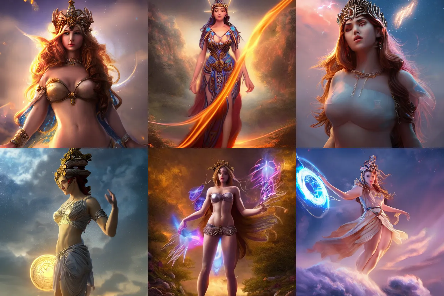Prompt: a beautiful female goddess of portals character, character is in all its glory, character is centered on the image, character is in heroic natural pose, rim lights, magic in the air, fancy clouds, highly detailed professional photo, dynamic lights, particles are flying, depth of field, trending on artstation, illustration, hyper realistic, vray caustics, super detailed, colorful accents, cinematic shot