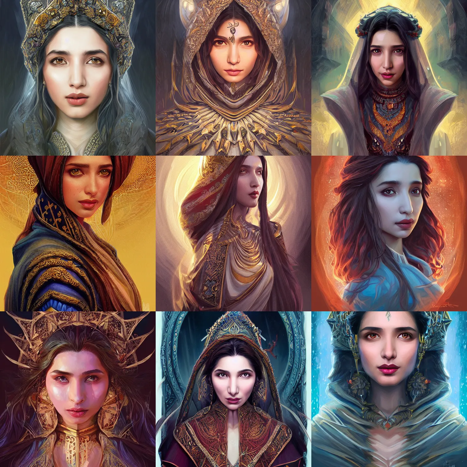 Prompt: head-on centered symmetrical painted portrait, Mahira Khan as a D&D wizard, intricate fantasy robes, fantasy, intricate, elegant, highly detailed, digital painting, smooth, sharp focus, illustration, artstation, in the style of Artgerm and Anna Podedworna and Alex Ross