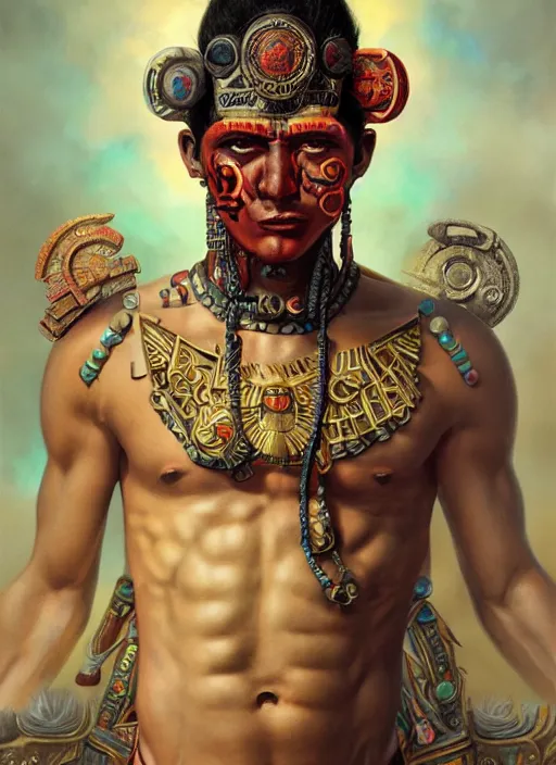 Image similar to portrait of a macho aztec god, by bogdan rezunenko and denys tsiperko and tom bagshaw, hyperrealism