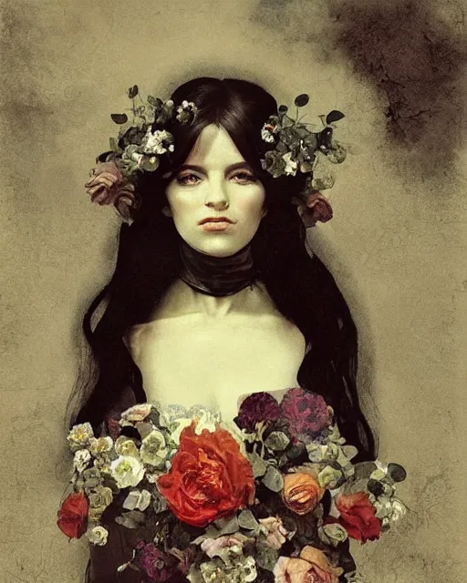 Prompt: a beautiful and eerie baroque painting of a beautiful but serious woman in layers of fear, with haunted eyes and dark hair piled on her head, 1 9 7 0 s, seventies, floral wallpaper, wilted flowers, a little blood, morning light showing injuries, delicate embellishments, painterly, offset printing technique, by brom, robert henri, walter popp