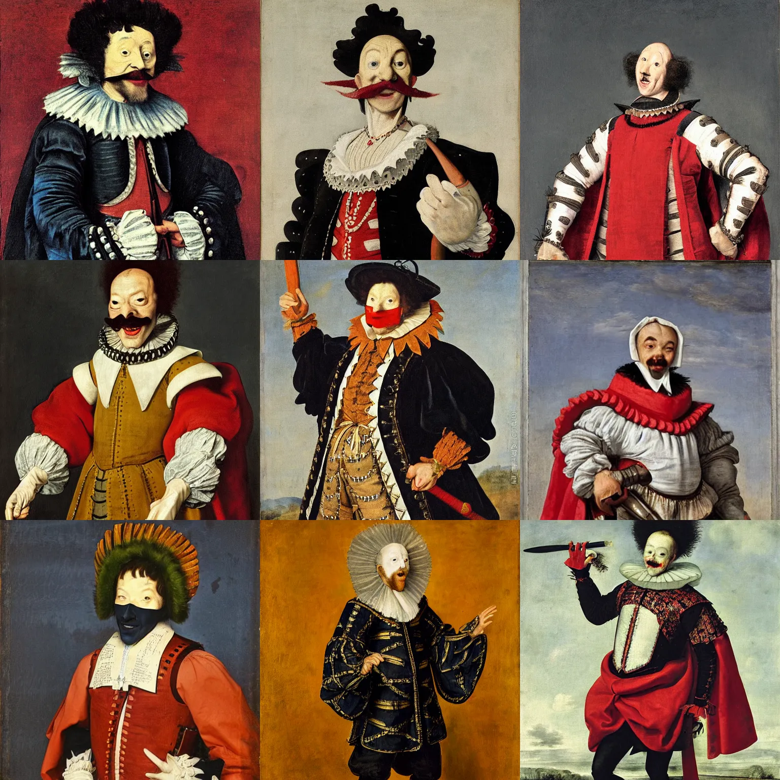Prompt: man wearing theater comedy mask floating in the sky , he is wearing a doublet and elizabethan trousers, he is wearing a red billowing capelet draped over his shoulder, he has armored gloves and armored boots, he carries a shortsword in his left hand, painted by frans hals