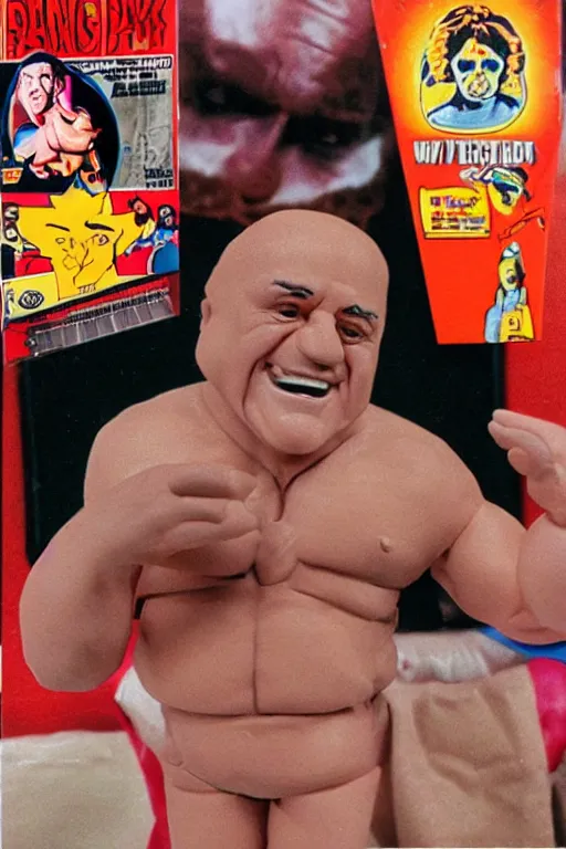 Image similar to danny devito as a 1 9 8 0 s wrestling action figure