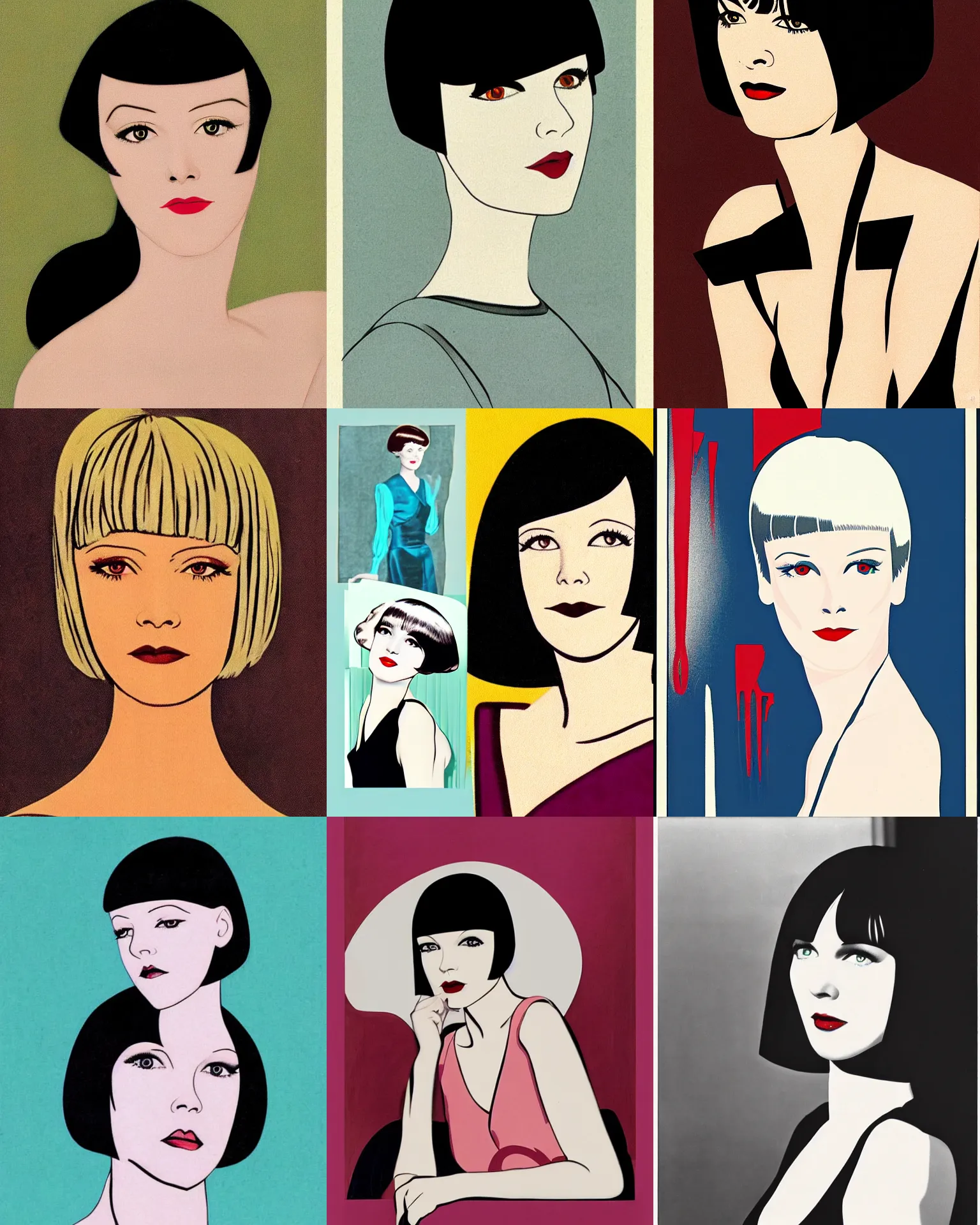 Prompt: mary louise brooks 2 5 years old, in pulp fiction 1 9 9 4, bob haircut, portrait by patrick nagel, 1 9 2 0 s,