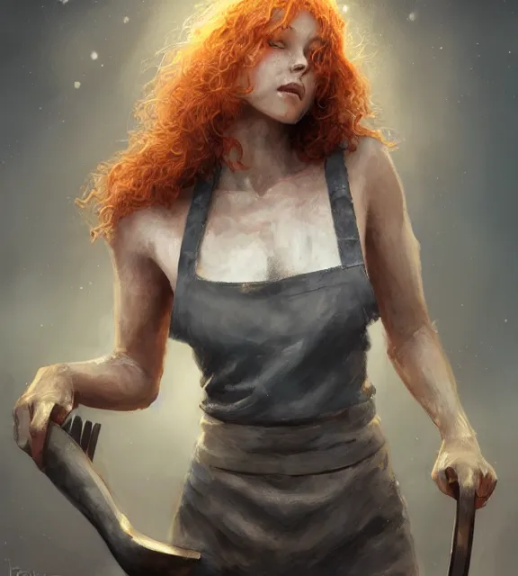 Prompt: cute female blacksmith, perfect face, grey halter top, ginger hair, dirty apron, abs, cinematic, stunning, elegant, highly detailed, psychedelic, digital painting, artstation, smooth, hard focus, illustration, art by jessica rossier and and brian froud