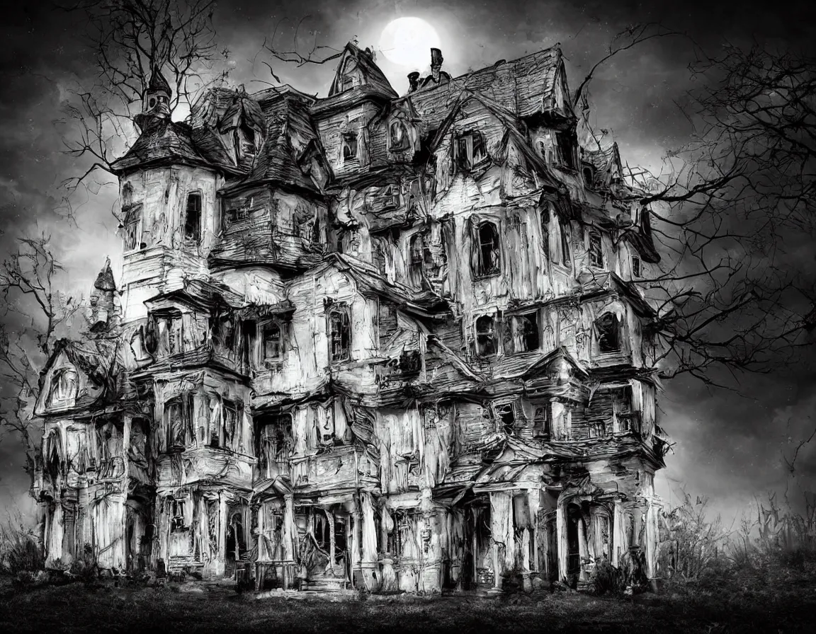 Image similar to a scary haunted house at night, sci-fi art, photography, in the style of tim burton