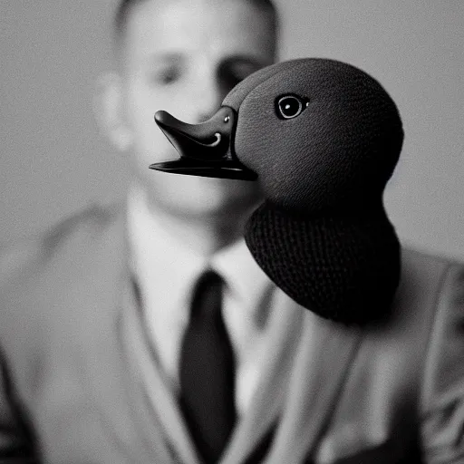 Image similar to a high detail photo of a man with a duck's head wearing a suit, antropomorphic, photorealism