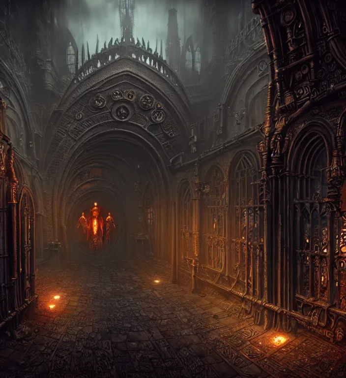 Image similar to steam necropolis, memento mori, gothic, neo - gothic, art nouveau, hyperdetailed copper patina medieval icon, stefan morrell, philippe druillet, ralph mcquarrie, concept art, steampunk, unreal engine, detailed intricate environment, octane render, moody atmospherics, volumetric lighting, ultrasharp, ominous, otherworldly