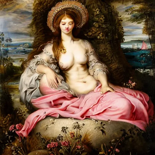 Prompt: an ultradetailed mythological oil painting of a beautiful woman with long brown hair, full body, wearing pink floral gown, lying asleep inside a giant scallop shell, near the seashore, intricate lines, elegant, renaissance style, by peter paul rubens