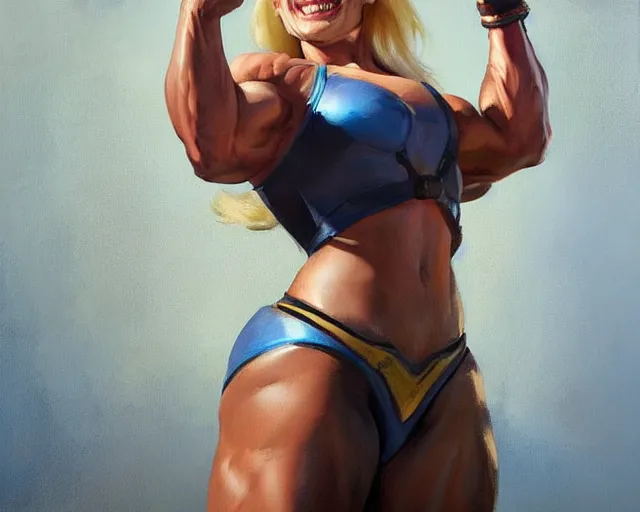 Prompt: greg manchess portrait painting of smiling margot robbie as beautiful thick female bodybuilder zarya from overwatch, medium shot, asymmetrical, profile picture, organic painting, sunny day, matte painting, bold shapes, hard edges, street art, trending on artstation, by huang guangjian and gil elvgren and sachin teng