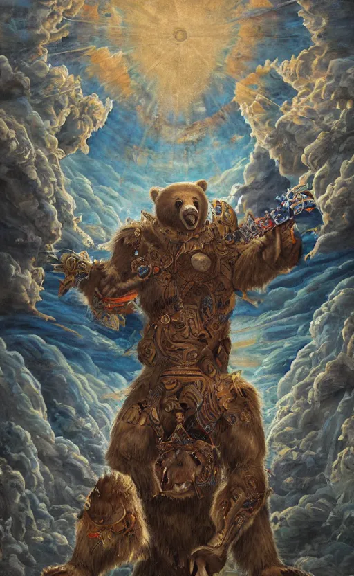 Image similar to mural of a bear beast-man, sci fi weapon, royal ornaments, reaching towards the heavens, sci fi world, holy imagery, highly detailed, beautiful colors, renaissance mural, mural in the style of sandro boticceli, sandro boticceli