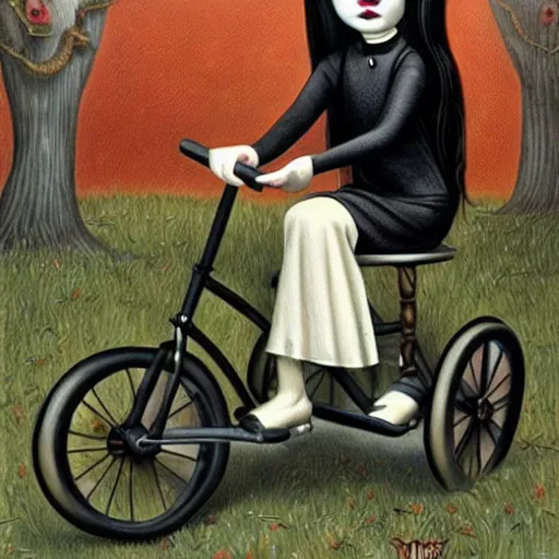 Image similar to Wednesday Addams on a tricycle, lowbrow painting by Mark Ryden