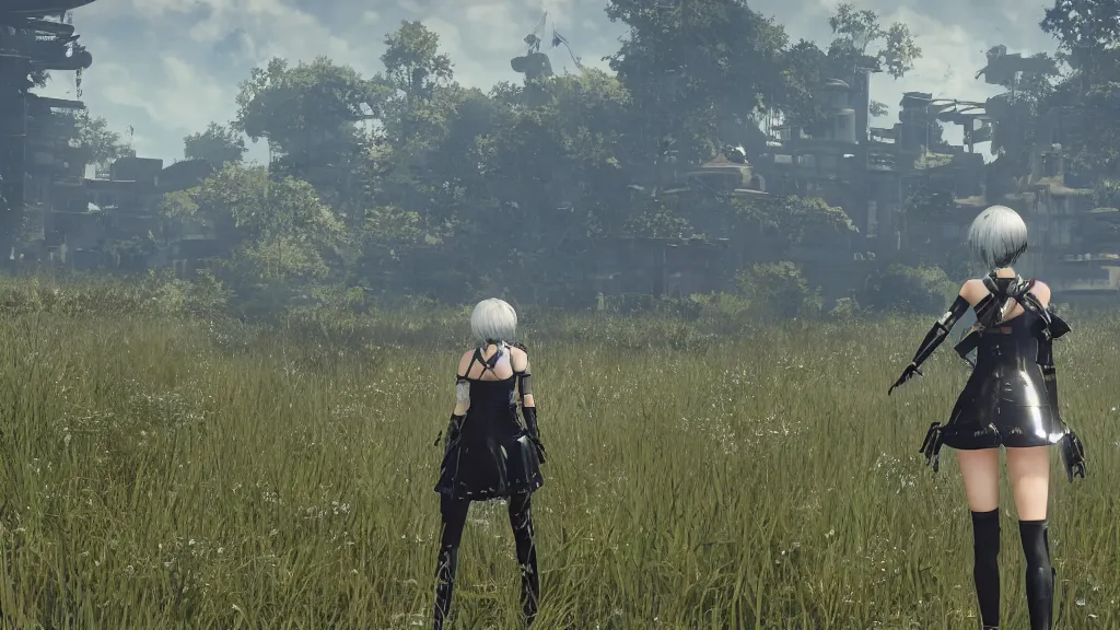 Prompt: Screenshot from Nier Automata in a beautiful countryside field