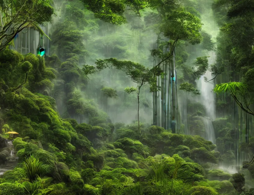 Image similar to a cinematic widescreen photo of a winding path to epic ancient japanese temples with hot springs on the top of a mountain in a misty bamboo cloud forest with colossal waterfalls at dawn by studio ghibli and roger dean, terraced, mystical, trending on artstation