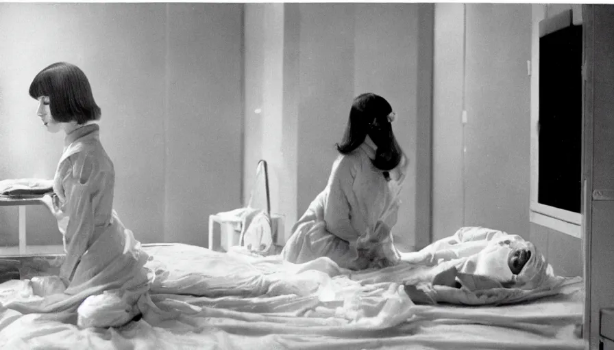 Prompt: 60s movie still of a white japanese female phantom blood with a foetus in an empty hospital with light yellow walls, eastmancolor, heavy grain, high quality, higly detailed, liminal space