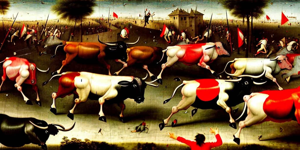 Image similar to the running of the bulls in pamplona, hundreds of people are fleeing from rampaging bulls in the city streets, art by hieronymus bosch, intricate, elegant, highly detailed, smooth, sharp focus, artstation