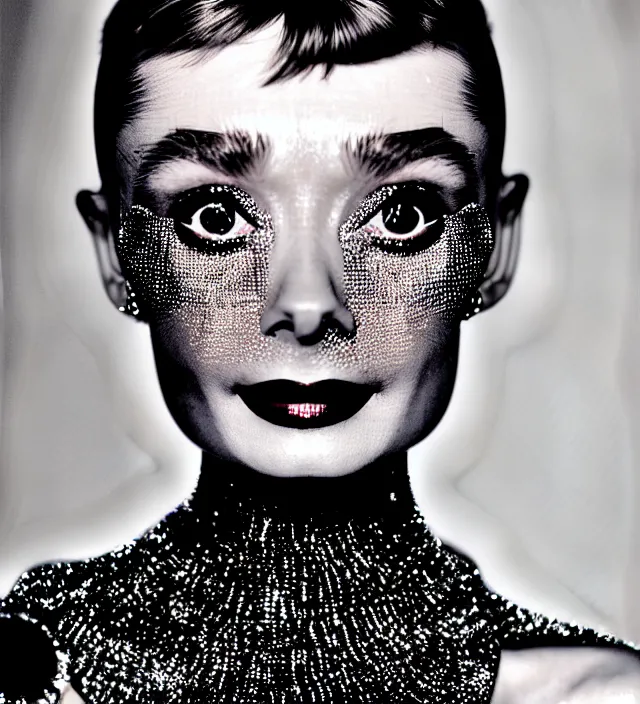 Image similar to dynamic facial portrait photography of seductive actress audrey hepburn wearing an extraordinary dress by designer iris van herpen. accent lighting, dark background, highly detailed, photography by paolo roversi, nick knight, helmut newton, avedon, araki