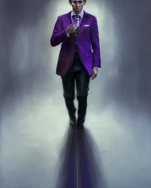 Image similar to A hyper realistic oil painting of a man in his twenties dressed in a purple suit, clean shaven, insane sharp looking face, messy hair, blood on the suit, by Greg Rutkowski, trending on artstation, 4k, creepy lighting