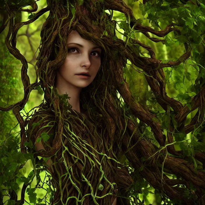 Image similar to female dryad standing, entwined by vines and roots, dark forest, surreal, light shining through, hyper - realistic, highly detailed, sharp focus, smooth, intricate, octane render
