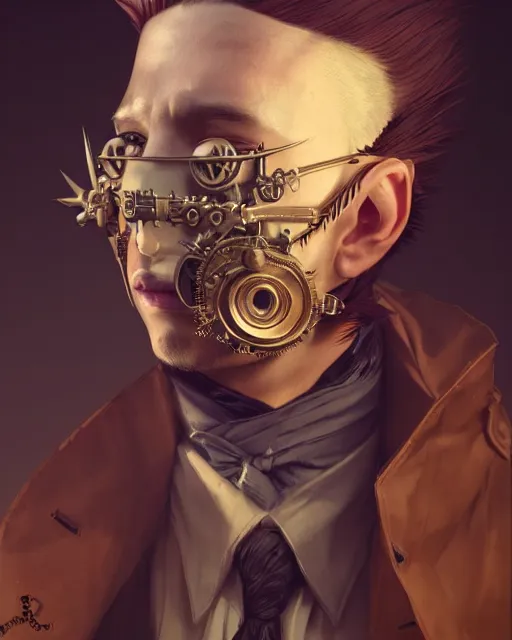 Prompt: male portrait, handsome, steampunk mask, detailed spike hair, intricate detective coat, complex 3 d render by ilya kuvshinov, peter mohrbacher, greg rutkowski, ryohei hase, dramatic lighting, intricate, highly detailed, sharp focus, luminous, unreal engine, blender, deviant art, artstation, masterpiece, ray tracing