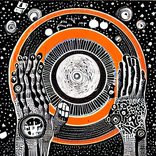 Image similar to post - punk new age album cover, black, white, orange, psychedelic, magic, deforge michael