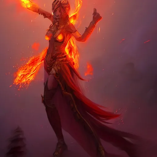 Image similar to fire goddess, skin of flames, body made of fire, wearing armor, rampaging, stormy background, forest fire, breathing fire, fire in hand, concept art, tiny person watching, artstation, 4k