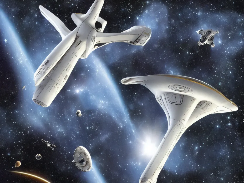Image similar to Star Trek`s original Enterprise spaceship flying in a starry outer space