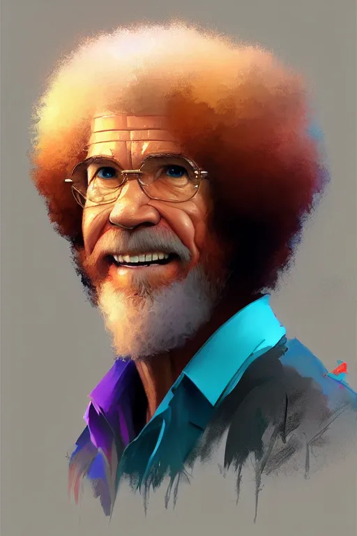 Image similar to portrait of Bob Ross, modern, colourful!! highly detailed, digital painting, artstation, concept art, sharp focus, illustration, by greg rutkowski