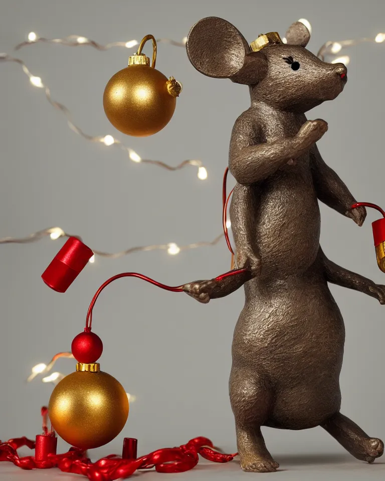 Image similar to a statue of a proud mouse standing on two legs and holding a round bell made of christmas lights and wire, trending on artstation, sigma 5 0, hyper realisitic