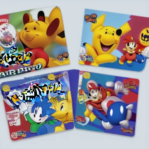 Image similar to photograph of winnie the pooh and super mario and sonic the hedgehog anime style, on pokemon card packs at target