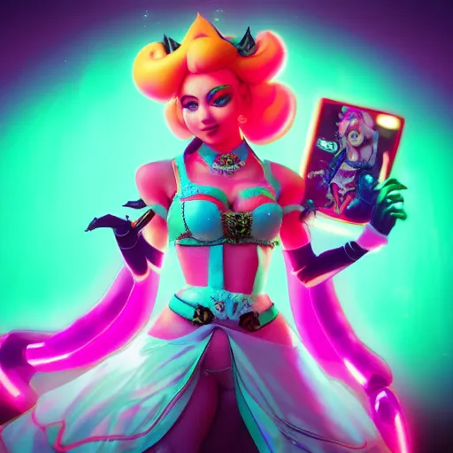 Image similar to Princess peach mixed with jinx from league of legends, dancing, background with neon lighting, fullshot, raytrayced, octane render, epic composition, intricate details, hyperrealist, dark neon punk, by Alessandro Barbucci, Barbara Canepa