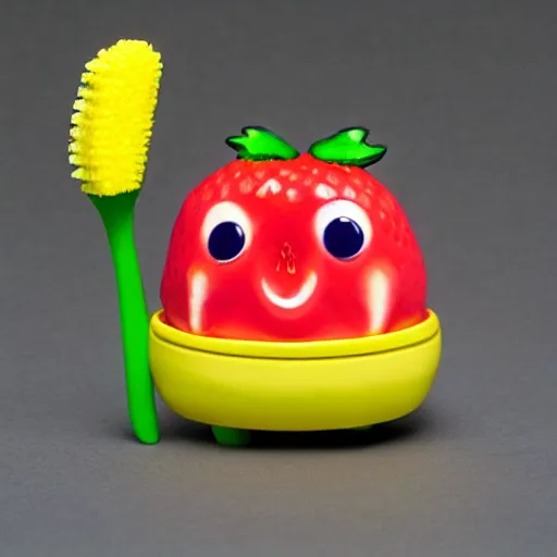 Image similar to a cute strawberry with two front teeth, holding a yellow toothbrush, in the style of chiho aoshima