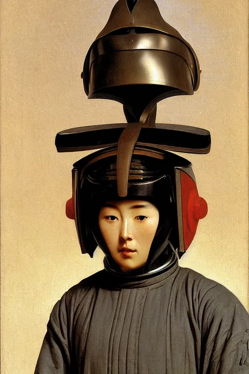 Prompt: portrait of a astronaut in samurai helmets an ancient human species, single person, by bouguereau