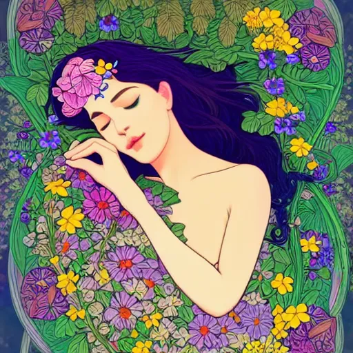 Image similar to a woman sleeping in the middle of flowers, confident pose, intricate, elegant, sharp focus, illustration, highly detailed, concept art, matte, trending on artstation, lisa frank, alfons mucha