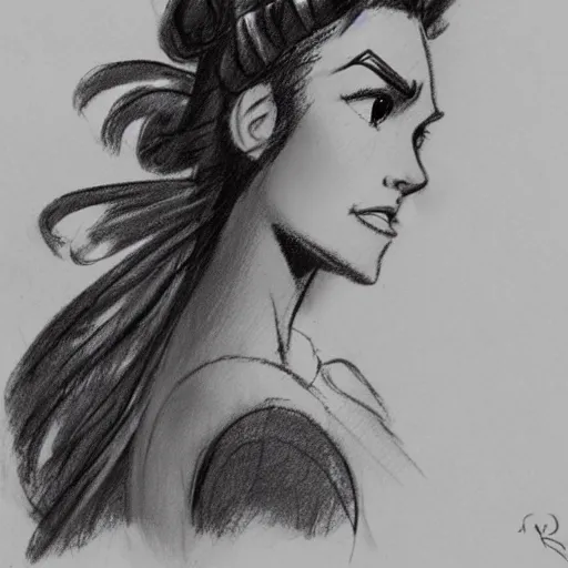 Image similar to milt kahl sketch of vanessa hudgeons with done up hair, tendrils covering face and ponytail as princess padme from star wars episode 3