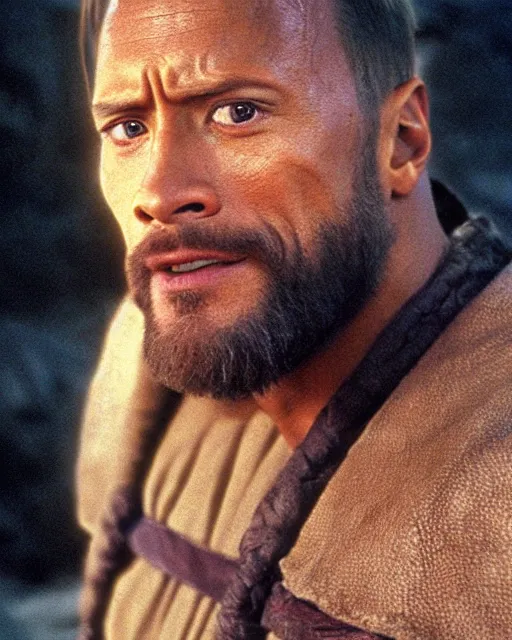 Image similar to Film still close-up shot of Dwayne Johnson as Obi-Wan Kenobi from the movie Return of the Jedi. Photographic, photography