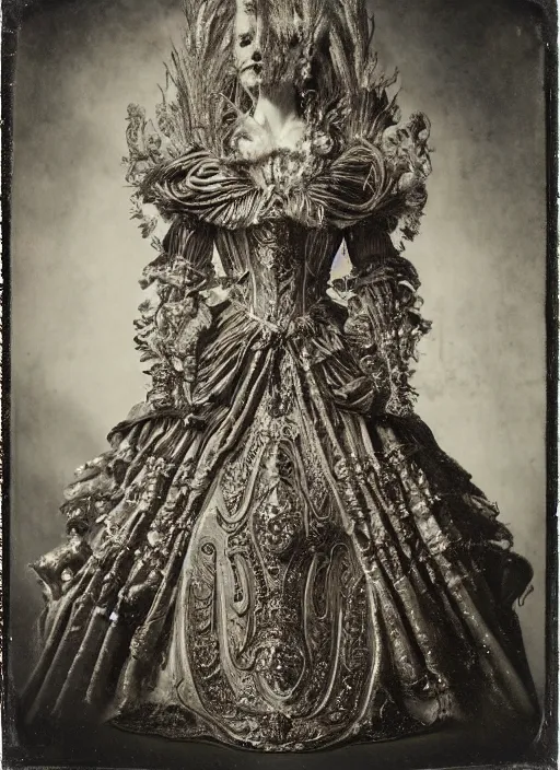 Prompt: old wetplate daguerreotype frame portrait of a futuristic silver armored marie antoinette emperor district 9 cyborg, fractal, intricate, elegant, highly detailed, subsurface scattering, by jheronimus bosch and greg rutkowski and louis jacques mande daguerre