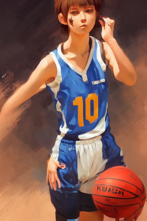 Image similar to A ultradetailed beautiful panting of a stylish girl wearing a basketball jersey, Oil painting, by Ilya Kuvshinov, Greg Rutkowski and Makoto Shinkai