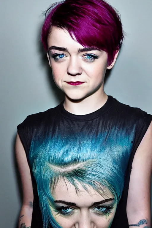 Prompt: photo of young cute punk woman with blue pixie cut posing, maisie williams