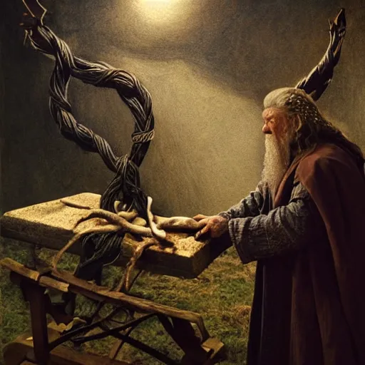 Prompt: the evil ian mckellen smithing on an anvil as gandalf in a dark viking hood playing odin all father crafting the plant of life with vines on an anvil, highly detailed, cinematic shot, cinematic lighting, 8 k, exquisit facial detail, painting by artemisia gentileschi, chiaroscuro, dark painting.