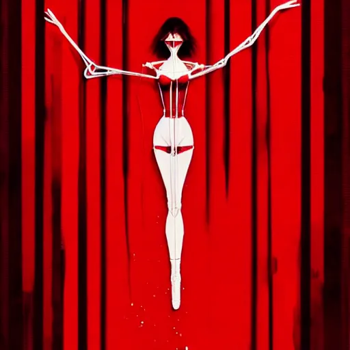 Prompt: dancing strings puppet surrounded by red curtains by Conrad Roset and Nicola Samuri, rule of thirds, seductive look, beautiful, intricate, dystopian, sci-fi, extremely detailed, digital painting, artstation, concept art, smooth, sharp focus, illustration, intimidating lighting, incredible art, details visible, very dark ambiance