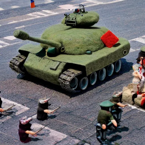 Image similar to needle felted tank man from tianenmen square protest, highly detailed, tilt shift, eerie, hyperrealism, highly textured, god rays