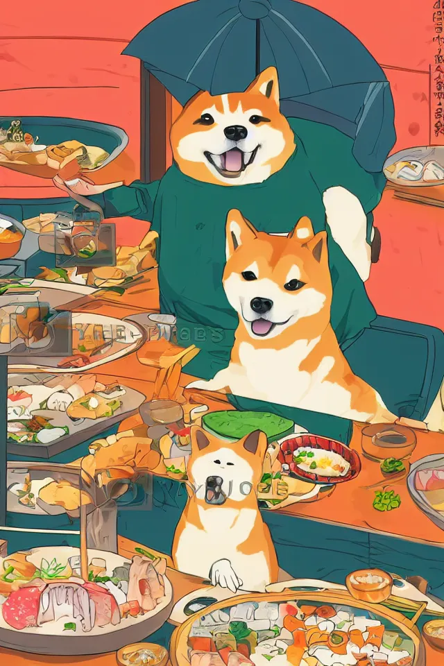 Image similar to a portrait of a shiba inu dog eating sushi in a sushi carousel restaurant, in the art style of studio ghibli, artistic, colorful palette, highly detailed