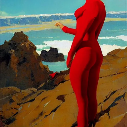 Image similar to an attractive female in a red suit standing on a cliff, looking out at a red ocean, jc leyendecker!! phil hale!, angular, brush strokes, painterly, vintage, crisp