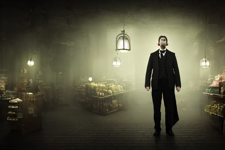 Prompt: an ultra realistic, cinematic, fantasy, portrait, of an evil businessman, elden ring, fairy lights, facial features, stood in a supermarket, with victorian clothing, detailed, deep focus, movie still, dramatic lighting, ray tracing, by michal karcz and yoshitaka amano