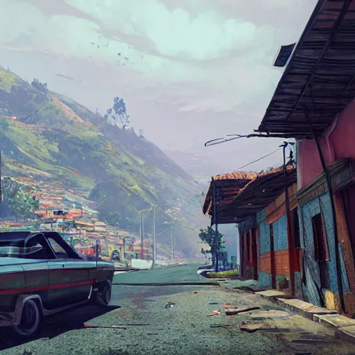 Prompt: highly detailed - on its side in gta v, in a empty town in colombia, stephen bliss, unreal engine, fantasy art by greg rutkowski, loish, rhads, ferdinand knab, makoto shinkai and lois van baarle, ilya kuvshinov, rossdraws, tom bagshaw, global illumination, detailed and intricate environment w 7 6 8