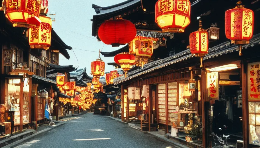 Prompt: 1 9 9 0 s candid 3 5 mm photo of a beautiful day on a street in takayama, cinematic lighting, cinematic look, golden hour, lanterns and cute shops, uhd