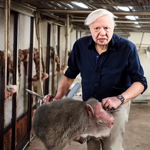 Image similar to david attenborough working in a slaughter house