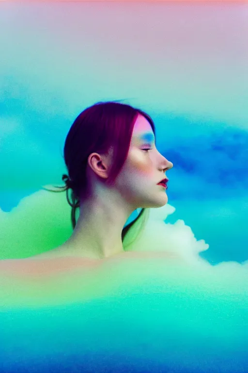 Image similar to high quality pastel coloured film close up wide angle photograph of a model wearing clothing swimming on cloud furniture in a icelandic black rock!! environment in a partially haze filled dreamstate world. three point light, rainbow. photographic production. art directed. pastel colours. volumetric clouds. pastel gradient overlay. waves glitch artefacts. extreme facial clarity. 8 k. filmic.